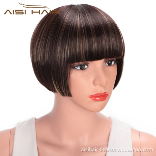 Aisi Hair Short Straight Bob Wigs Heat Resistant Synthetic Fiber Brown Blonde  Mixed Colors Short Bob Wigs with Neat Bangs